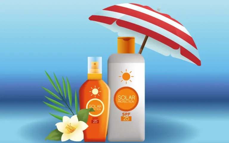 Modern sunscreen bottle with skincare products, UV protection concept, glowing skin, clean beauty background, premium skincare advertising style