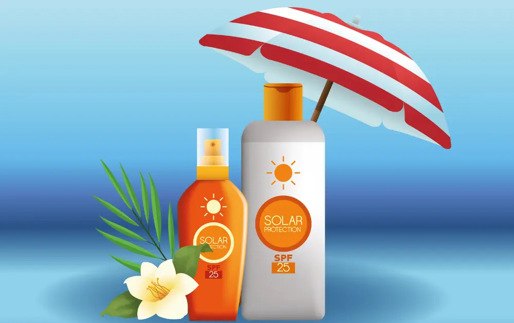 Modern sunscreen bottle with skincare products, UV protection concept, glowing skin, clean beauty background, premium skincare advertising style
