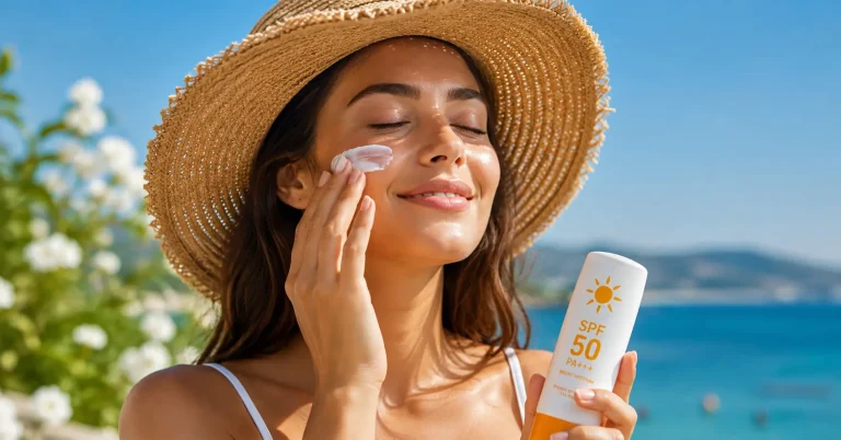 Woman applying sunscreen to avoid common summer skin care mistakes